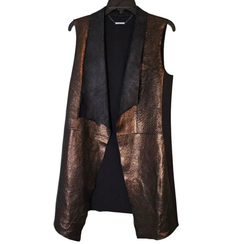 Elie Tahari leather copper/black long open front vest. Size S.